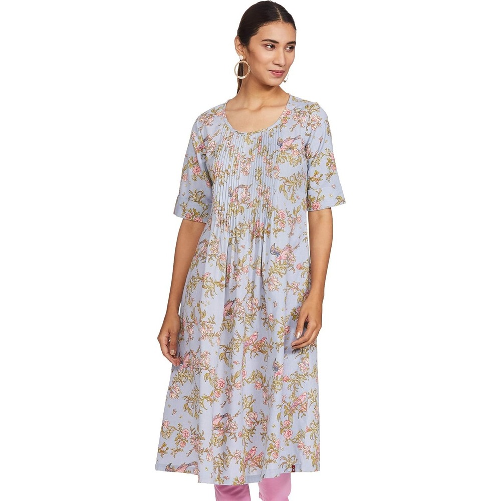 BIBA Floral Bird Dress Womens L Blue Excellent Cottagecore Chic Short Sleeve